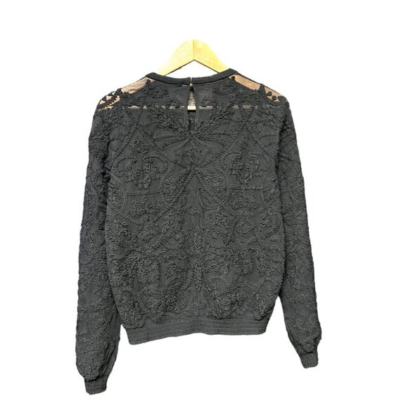 Intermix Womens Blouse Size Small Black Textured Lace Raw Silk Long Sleeve - Picture 3 of 7